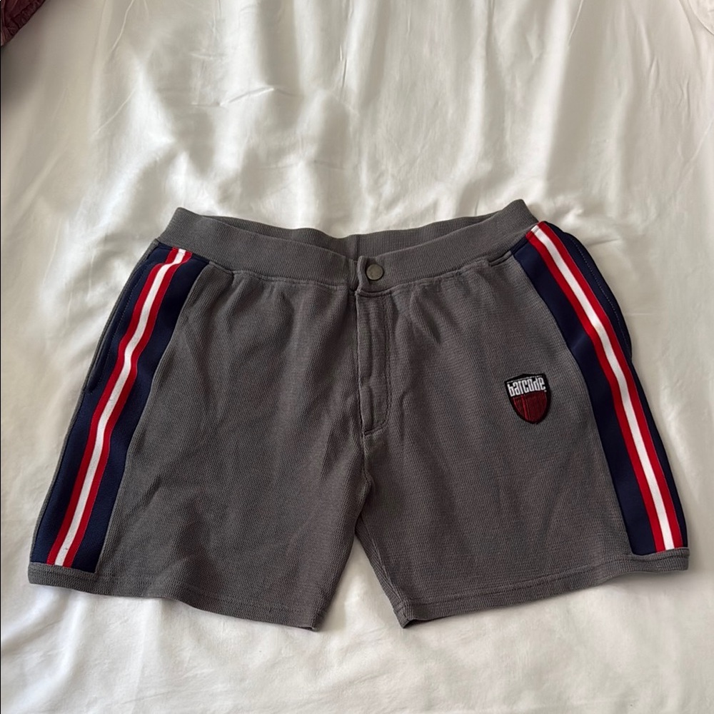 Gray Men Shorts with Red and Blue Stripes